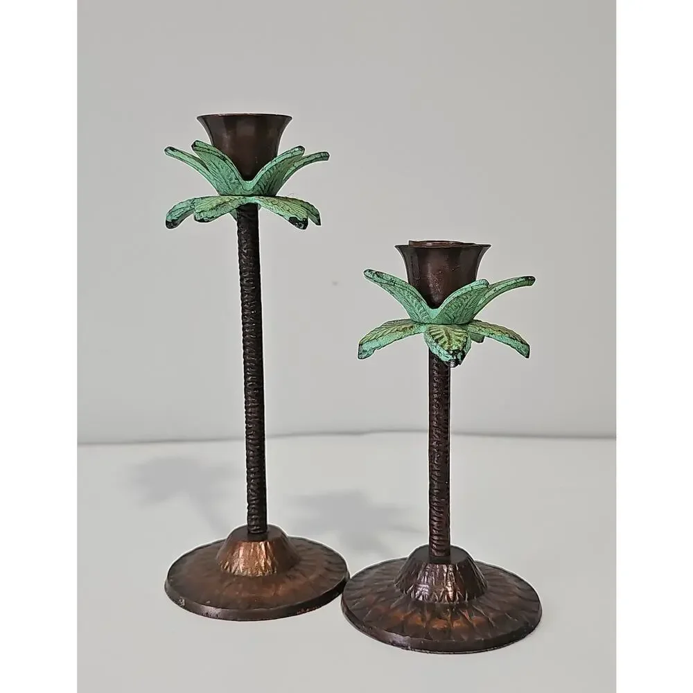 Palm Tree Candle Holders Set of 2 Metal Tropical Coastal Decor